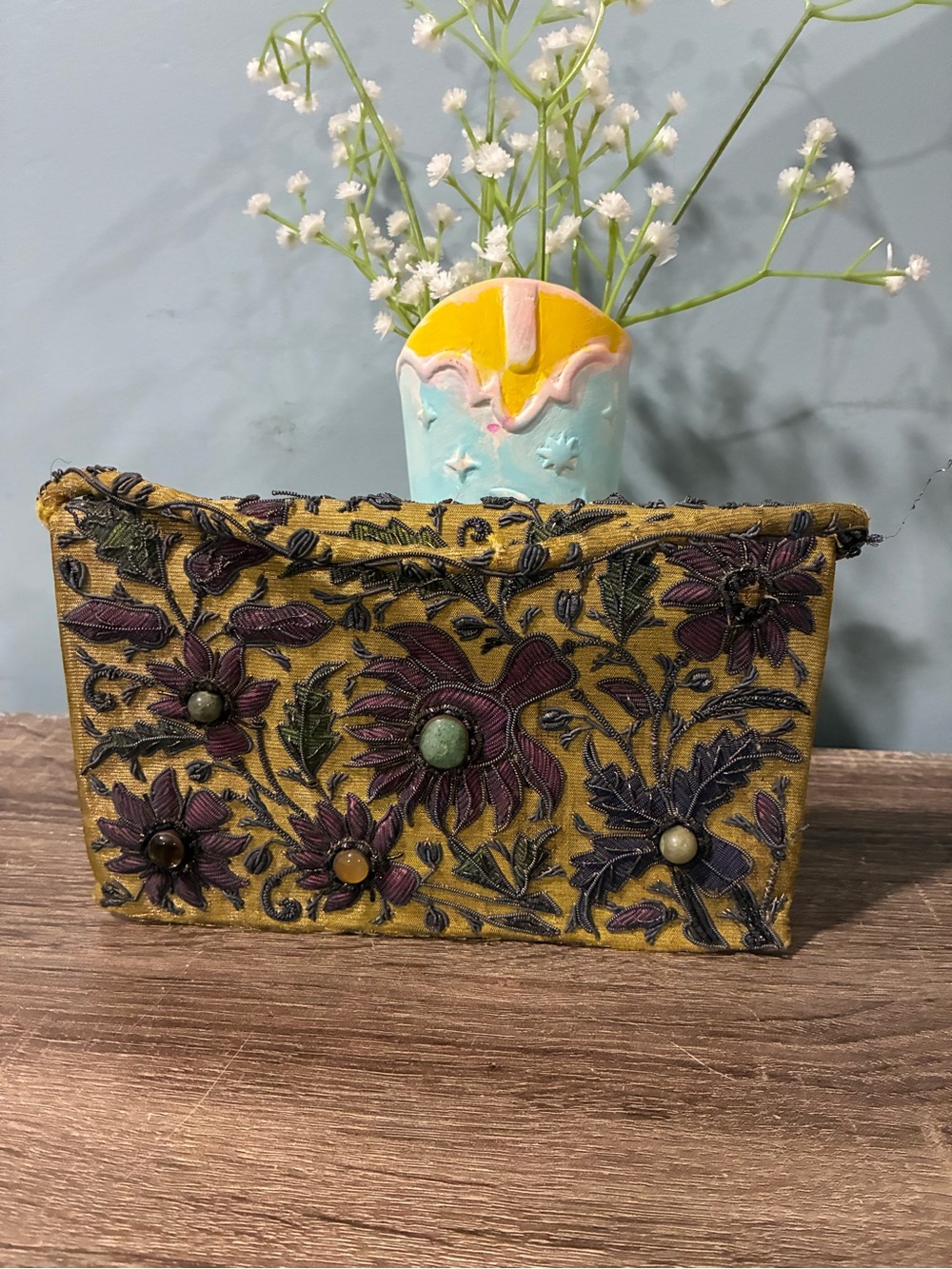 Embroidered Floral Beaded Clutch in Mustard and Plum